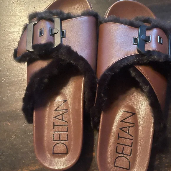 Deltan Women's Black and Brown Fur Buckle Mules - Picture 6 of 7